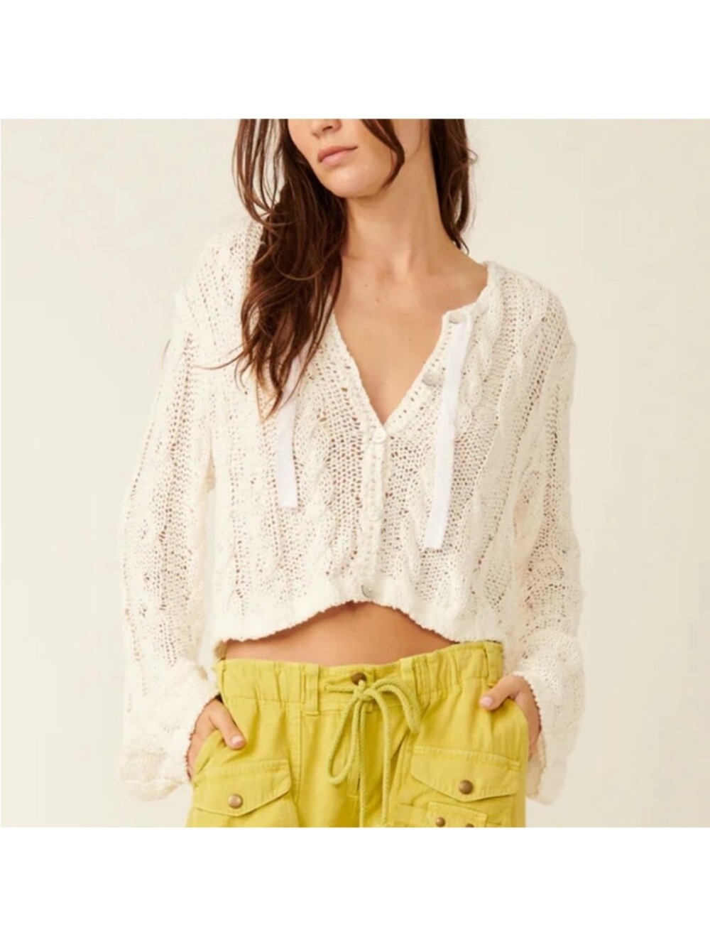 Free People White Robyn Cardi Crochet Knit Button Front Cropped Cardigan Sz L